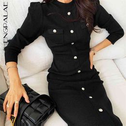 Winter Women's Casual Round Neck Black Single Breasted Skinny Over Knee Long Sleeve Knitted Sweater Dress 8Q283 210427