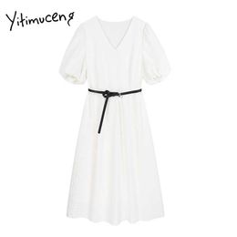 Yitimuceng Midi Dresses Women Summer Sashes High Waist Puff Sleeve A-Line Solid White Clothes Korean Fashion Sundress 210601