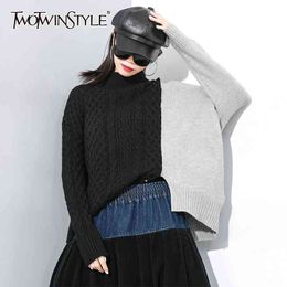 Patchwork Hit Color Sweater For Women Turtleneck Long Sleeve Side Split Irregular Oversized Pullovers Female 210524