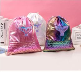 5pcs Drawstring Backpack Kids Polyester Mermaid tail Prints Large Capacity Sport Storage Bag