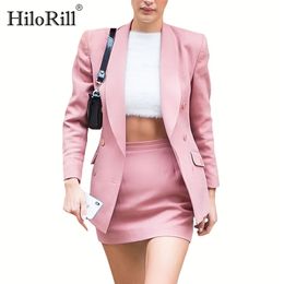 Chic Office Wear Pink Two Piece Set Women Double Breasted Blazer With High Waist Mini Skirt Solid 2 Outfits 210508