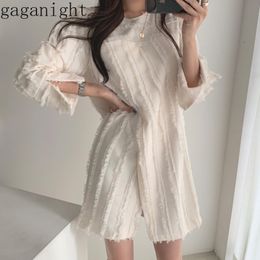 Gaganight Elegant Solid Women Short Dress Long Sleeve O neck Chic Office Lady Front Split Dresses Causal Loose Ruffles Vestidos 210519