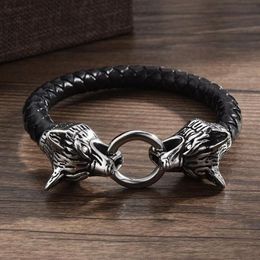 Bangle Viking Bracelet Leather Rope Chain Double Bite Ring For Men Amulet Jewellery Gift MaleBangle