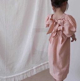 2020 Spring and Summer Girl Hemp Breathable U-back Bow Tie Bubble Sleeve Dress Toddler Children Solid Colour Linen Princess Dress Q0716
