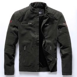 Men's Autumn Winter Motorcycle Leather Jacket Velvet Embroidered Slim Fashion Coat with Standing Collar Inside Fleece Men's Wear 211009