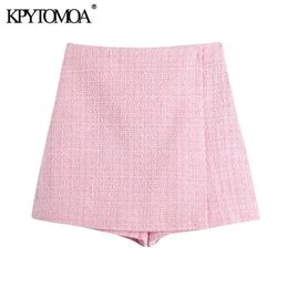 KPYTOMOA Women Chic Fashion Tweed Shorts Skirts Vintage High Waist Back Zipper Female Skort Mujer 210611