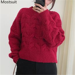 Autumn Twisted Knitted Korean Sweaters Pullovers Women Long Sleeve O-neck Warm Tops Solid Fashion Casual Ladies 210513