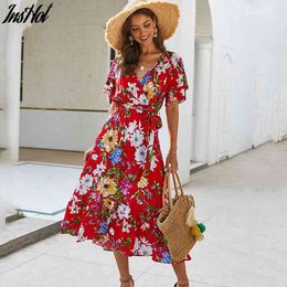 Women Floral Print Beach Dress Summer Boho Maxi Sundress Short Sleeve Elegant V-Neck Partywear Vestidos Vacation Dresses 210514