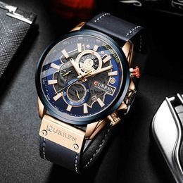 Curren Luxury Branded Casual Sport Chronograph Watches for Men Leather Quartz Luminous Wristwatch Creative Design Clock Q0524