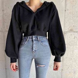Casual Solid Pullovers Black Cropped Women's Hoodies Autumn Winter Harajuku Long Sleeve Female Sweatshirt Gothic Jacket Top 210728