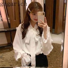 Gagarich Elegant Lace Up Bow Collar Solid Blouse Women Lace Patchwork Flare Long Sleeve Loose Blusas Ol Shirt Spring New 210323