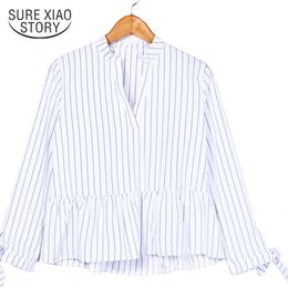 Korean fashion clothing women's tops and blouses harajuku women's clothing ladies tops Bow Striped V-Neck Full 2952 50 210527