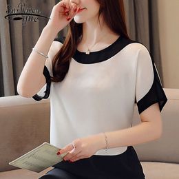 Chiffon Blouse Plus Size Ladies Tops Shirts Womens and Blouses Fashion Solid Short O-Neck Batwing Sleeve Clothes 3397 210521