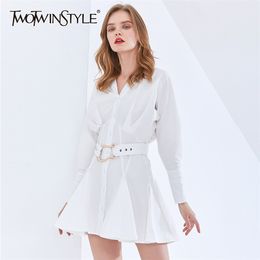 White Elegant Dress For Women V Neck Long Sleeve High Waist Sashes Dresses Female Fashionable Clothing Spring 210520