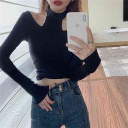 sexy and club fashion female T-shirt long sleeve off shoulder solid Colour lady Tshirt autumn basic tees Women T shirts 210507