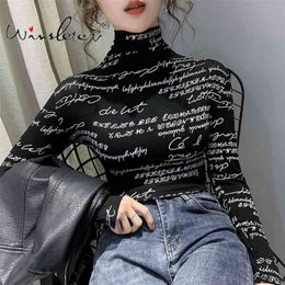 Vintage Print Tops Letters Doodle T-shirt Women Turtleneck Long Sleeve Slim Stretchy Tee Casual Women Clothing Spring T01407B 210324