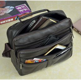 Men Genuine Leather Large Zipper Travel Tablet Tote Messenger Shoulder Handbags