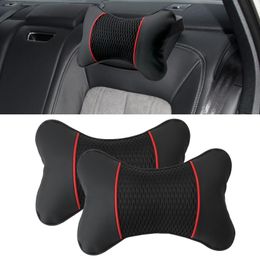 Seat Cushions 2Pcs Car Accessories Interior Headrest Neck Pillow Support PU Leather Knitted Travel