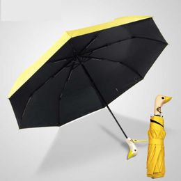 Semi-Automatic Sun Umbrella Cute Duck Head Wood Handle 8k 2 Folding Windproof Black Coating UV Protection Women Rain Umbrellas 210626