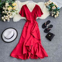 Women Pure V-neck Short Flare Sleeve Thin Ruffle Irregular Casual Dress Woman A-line Elegant Vestidos F866 210527