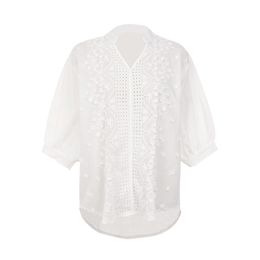 White Solid V Neck Three Quarter 3/4 Sleeve Embroidery Hollow Out Shirt B0106 210514