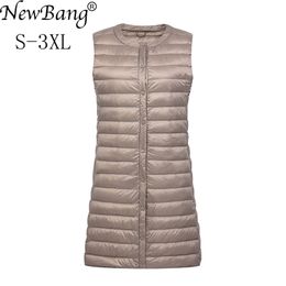 Bang Brand Women's Long Vest Ultra Light Down Vests Women Female Coat Slim Sleeveless Without Collar Jacket 211120