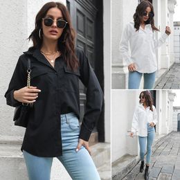 European American Women's Blouses Shirts new cotton+Polyester Double pocket Lantern Sleeve long sleeve loose shirt
