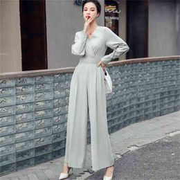 Spring Women Fashion Office OL Vintage V Neck Long Sleeve Female Solid High Waist Wide Leg Jumpsuits Rompers 210519