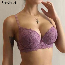 Brand Sexy Push Up Bra Deep V Brassiere Thick Cotton Women Underwear Lace Purple Embroidery Flowers Lingerie A B C Cup Bras 210728