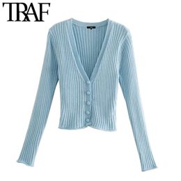 Women Fashion Ribbed Cropped Knitted Cardigan Sweater Vintage Long Sleeve Button-up Female Outerwear Chic Tops 210507