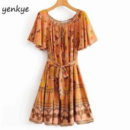 Summer Dress Women Floral Print Holiday Boho Beach Short Sleeve Lace Up O Neck Sashes Casual Plus Size 210514