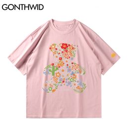 Tees Tops Harajuku Casual Hip Hop Flowers Bear Print Tshirts Fashion Men Cotton Streetwear Loose Short Sleeve T-Shirts 210602
