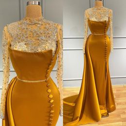 Sparkly Aso Ebi Arabic Gold Mermaid Evening Dresses Sheer Neck Long Sleeves Buttons Beaded Crystals Floor Length Prom Dress Formal Party Gowns robes de soirée
