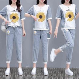 2 Piece Set Little Daisy Casual Suit Women Summer New Western Style Large Size Stitching Fashion Temperament Denim Two-piece Set X0428