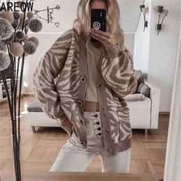 Spring Autumn Oversized Sweater Leopard Cardigan Casual Loose Female Knitted V-neck Jumper Fall Women Clothing 210914