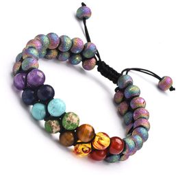 7 Chakra Stones Braided Bracelets Strands Adjustable Double Layer Natural Volcanic Lava Yoga Reiki Healing Stone Bangles Fashion Women Mens Beads Bracelet Jewellery