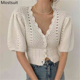 Korean Hollow Knitted Women Cardigan Tops Puff Sleeve V-neck Single-breasted Sweater Fashion Elegant Ladies Jumpers Femme 210513