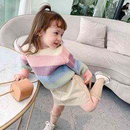girls dress autumn clothes new color strip Korean casual children's sweater baby girl autumn and winter thickening warm G220217
