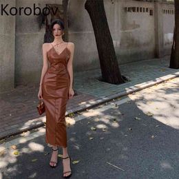 Korobov Vintage Sexy V Neck Spaghetti Strap Women Dress Korean Beach Style A-Line PU Dresses Summer Dress 210430