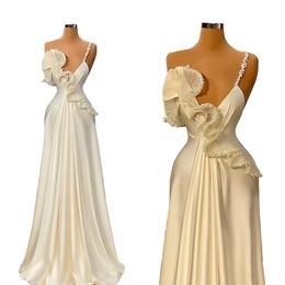 Luxury Mermaid Formal Prom Dresses With One-shouder Sleeve-less Pearl Evening Dress Chic Tiered Party Gowns Custom Made Satin Robe de mariée