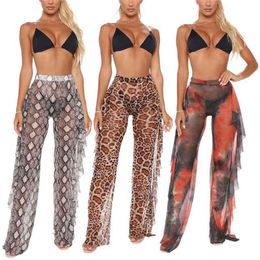 Women Pants Leopard Snakeskin Tie Dye Print Stretch High Waist Slim Casual Side Whiskers Ruffles Chiffon Trousers Clothing 210522