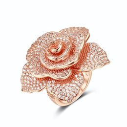 Wedding Rings ERLUER Rose Gold Romantic Big Flower Ring Zircon Silver Colour For Women Engagement Party Jewellery Christmas Gift