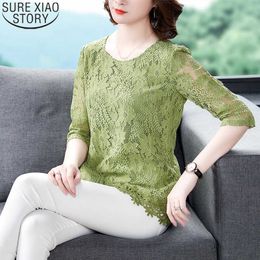 Fashion Plus Size Loose Women Blouse Long Casual Lace Shirt Summer Hollow Three-Quarter Sleeve Tops Lady Clothing 10283 210527