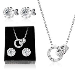 Vcorm Luxury Roman Numeral Necklace Earrings Set for Women Fashion Stainless Steel Crystal Stud Earring Wedding Jewelry Gift Box