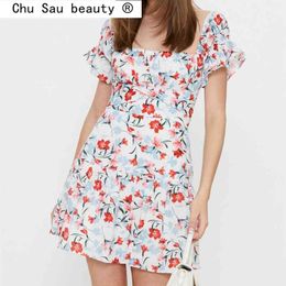 Fashion Summer Sweet Bow Tie Chic Floral Print Mini Dress Women Holiday Style Ruffles Short Sleeve Dresses Female 210508