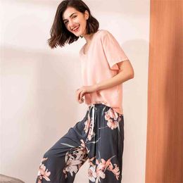 Summer Pyjamas Set Women Comfortable Cotton Viscose Contrasting Colour Short Sleeve Tops with Long Trousers Ladies Pj 210830