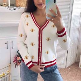 High Quality Fashion Designer Bee Embroidery Cardigan Long Sleeve Single Breasted Contrast Colour Button Knitted Sweaters C-196 210922