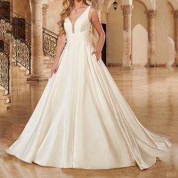 Ivory Satin Wedding Dress Sheer neckline Sweep Train Bridal Gowns with Side Pockets