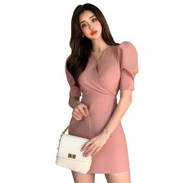 Pink Bodycon Dress for women Summer short Sleeve v neck Polyester Ladies Sexy Office Mini Dresses 210602