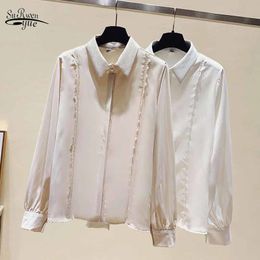 Lapel Casual Slim Cardigan Tops Fashion Korean Style Long Sleeve Chiffon Shirt Blouse Solid Lace Stitching Collar 11928 210508